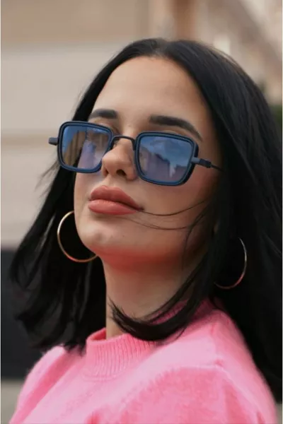 Women's Sunglasses Rectangular Design Ultra Durable Blue Metal Frame Blue Lenses