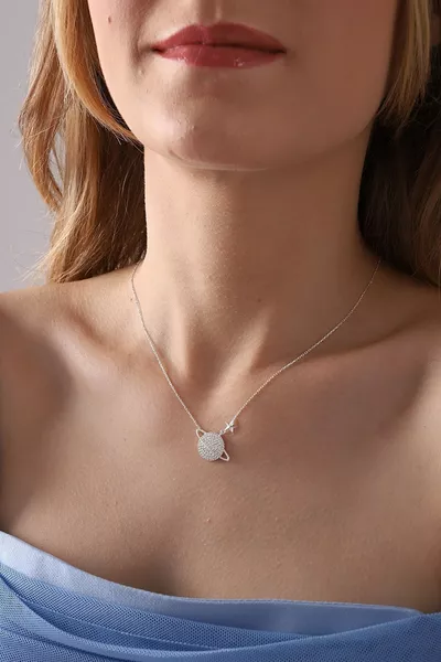  Sterling Silver Chain Necklace with White Zircon Saturn Planet Pendant
