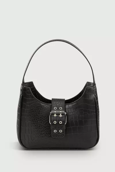 حقيبة باجيت نسائية بنقشة تمساح وسنادة سوداء 