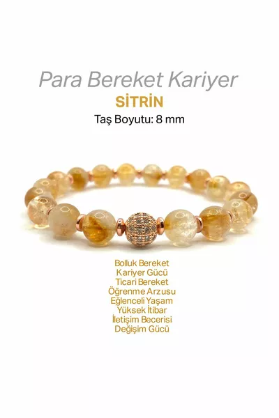 Цитрин - Хематит Натурална Каменна Гривна с Циркони, 8 мм