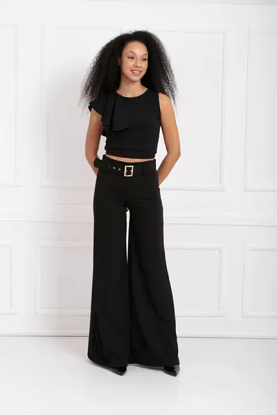 Spanish Leg Scuba Crepe Pants with Fabric Covered Belt on the Sides |  Black