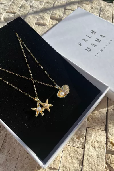 Palm Mama Jewelry Shell Pearl Minimal Gold Chain Necklace with Zircon Stone, Stainless Steel, BOXED