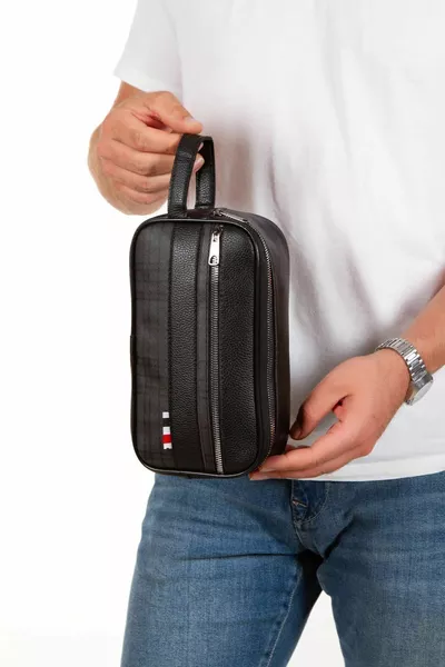 Men's Black Leather Portfolio Clutch Shaving, Grooming, and Daily Handbag