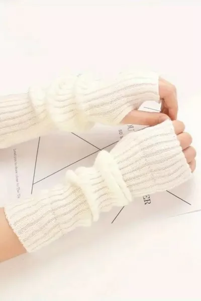 % Acrylic Premium Knit Hand Warmer Arm Sleeve Gloves Ecru