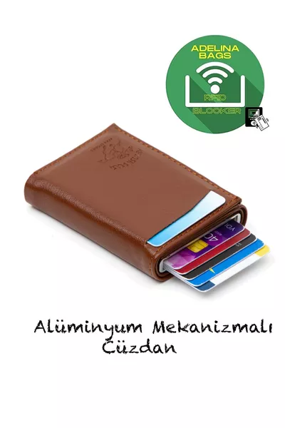 Adelina Unisex Bruine Leren Automatische Kaarthouder Portemonnee met Schuifsysteem