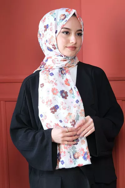 Floral Pattern White Cotton Shawl