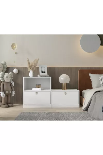 طقم منضدة سرير مزدوجة القطعة قابلة للفصل مع رف وتغطية قابلة للطي بدون أرجل، غير لامع