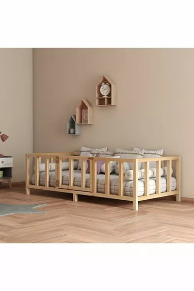 Unisex Montessori Baby- und Kinderbett mit Tür aus natürlichem Holz