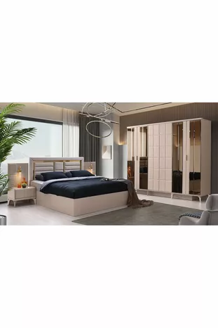 Chambre à coucher Helsinki-MDF-beige-6 portes avec miroir-sans sommier avec traverses-livraison et montage gratuits