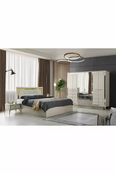 غرفة نوم دريسدن - MDF - بيج رملي - 6 أبواب ومرآة - بدون قاعدة مع عارضة - شحن وتركيب مجاني