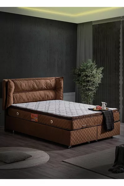 Barselona Ikili Set, Çift Kişilik Baza Başlık Seti - Kahve