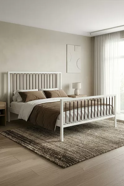 سرير معدني مزدوج بريز بفريم معدني مزخرف (أبيض-بني) (بسير خشبي)