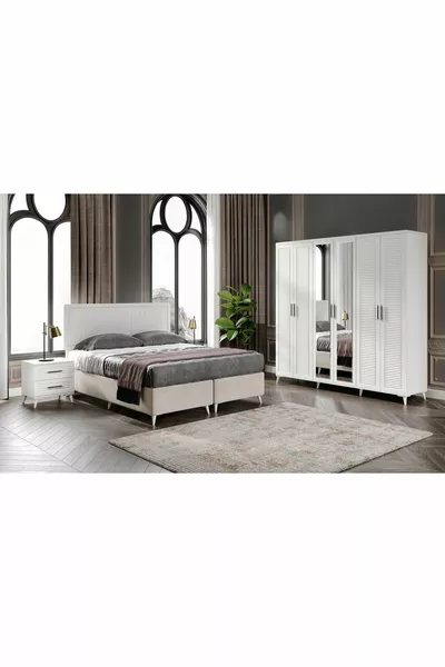 غرفة نوم كاملة من MDF باريس مع 6 أبواب باللون الأبيض مع سرير وتخزين