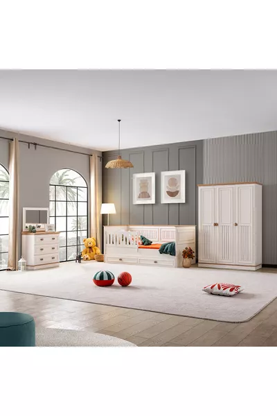 Zenit Kamer Set, Zenit Kinderbed met Leuning, 3-Deurs Kast, Dressoir