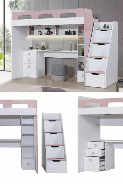 سرير بطابقين، طاولة، مكتبة - وردي