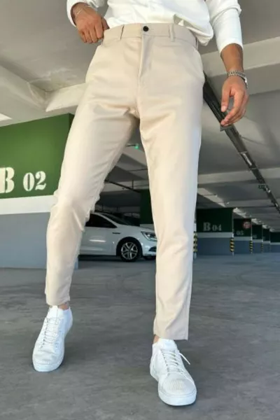 Erkek Kaliteli Krem Renk Likralı Italyan Kesim Her Ortama Uygun Şık Ve Rahat Kumaş Pantolon