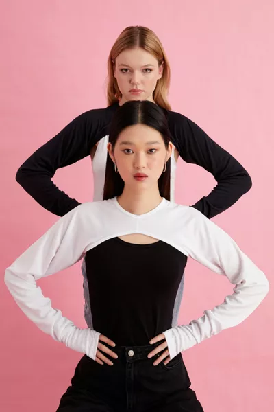 Ensemble Crop à Manches avec Collier à Deux Pièces - Body Crop à Manches Longues Noir et Blanc, Body de Voile