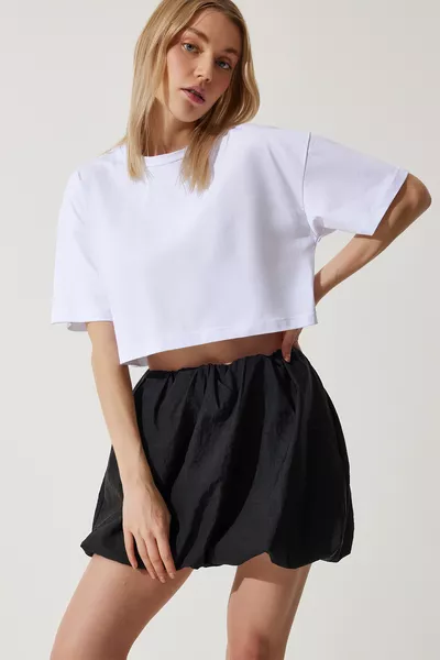 Damen Weiß % Baumwolle Oversize Crop Strick T-Shirt 