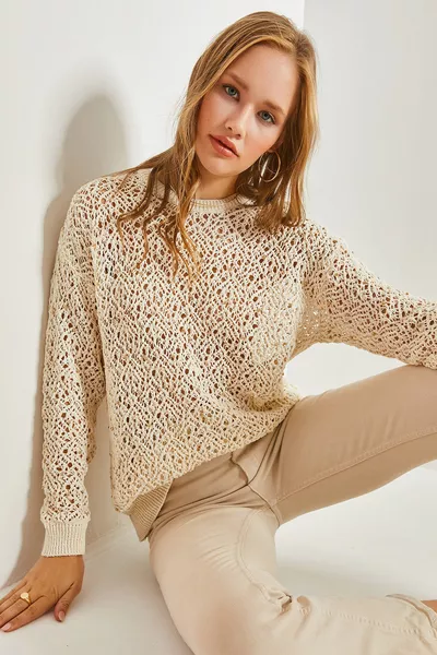 Kadın Ajurlu Taş İşlemeli Triko Kazak