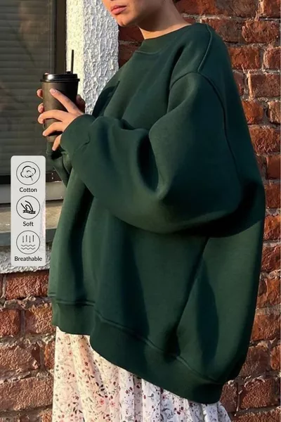 Damen Sweatshirt mit Rundhalsausschnitt, innen angeraut, weich und locker, Winter, DUNKELGRÜN