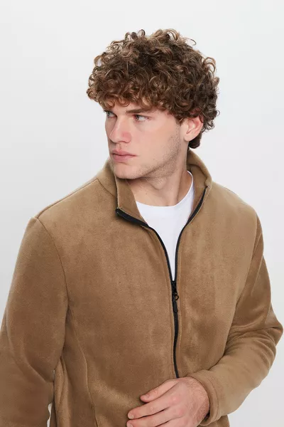 سترة صوفية مقاومة للبرد بسحاب كامل، بحجم قياسي، بلون زيتي، غير قابل لتكوّن الوبر، للجنسين