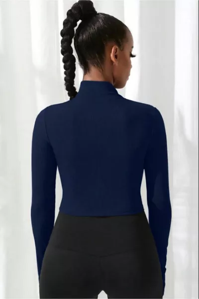 Zipped Long Sleeve Crop Top Blouse with Bar Detail and Stand Collar