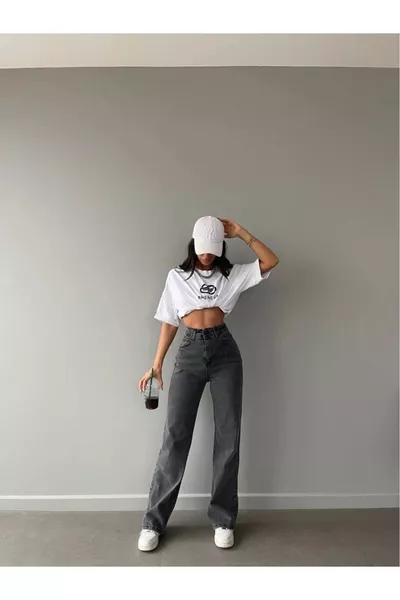 Vien Power Likralı Füme Kar Süper Yüksek Bel Salaş Paça Denim Kot Pantolon