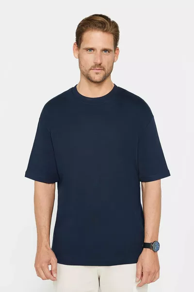 T-shirt unisexe oversize coupe large  % coton tissu doux col rond basique bleu marine