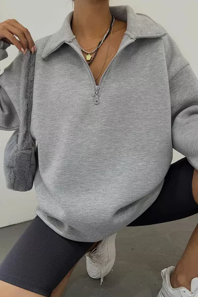 سويت شيرت نسائي بولو رمادي بأكمام واسعة وثلاث طبقات مبطنة