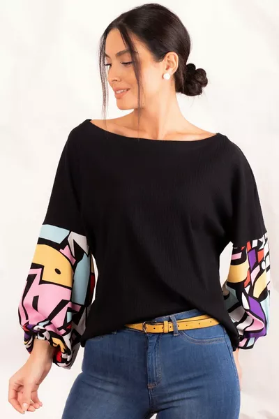 Dames Zwarte Mouwen Kleurrijke Losse Blouse 