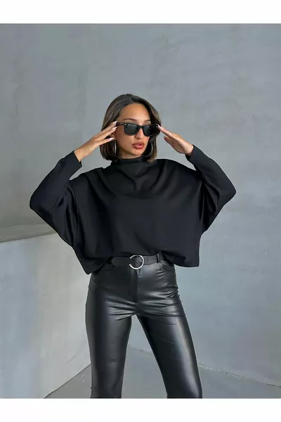 Damen Schwarze Interlock-Stoff Bluse mit Stehkragen und Fledermausärmeln