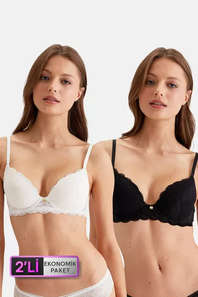 2-Piece Economic Pack Black-Ecru -2 Rome Underwire Soft Push Up Lace Bra Set