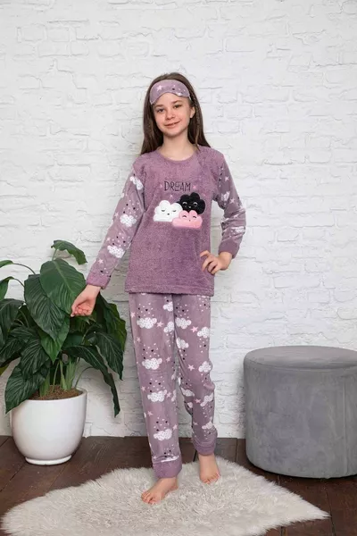 Cloud Applique Embroidered Fleece Girls' Pajama Set