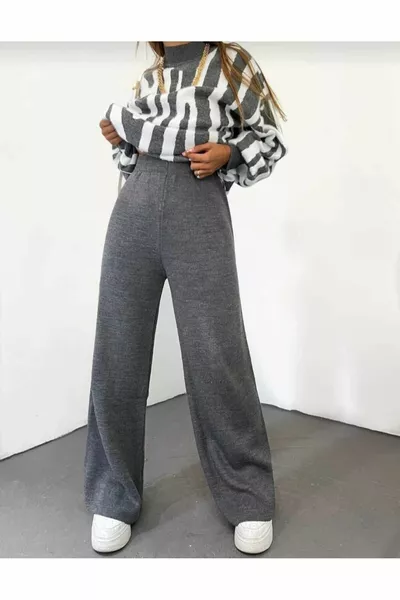 بنطلون نسائي صوف مريح شتوي واسع الأرجل مع خصر مطاطي