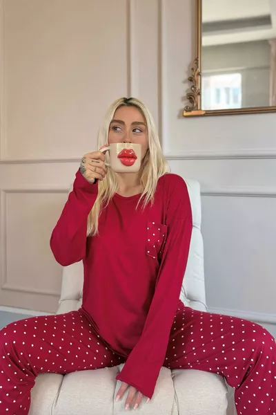 Burgundy Mini Dot Pattern Bamboo Long Sleeve Women's Pajama Set