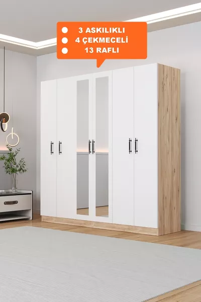 خزانة ملابس  Kale مع مرآة/باللون الأبيض، تحتوي على 6 أبواب،  رف، 3 علاقات ملابس، ارتفاع  سم