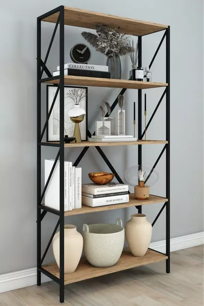 مكتبة كتب بطول  سم بها 5 رفوف زخرفية متعددة الاستخدامات، مكتبة معدنية باللون البني