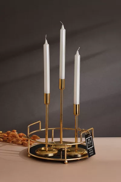 Жемчужный тройной подсвечник с яркими свечами, металлическое покрытие, длинная стержневая конусная форма