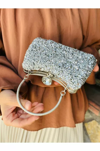 Women's Silver Evening Bag with Large Crystal Stones, Hand Strap, and Long Chain Strap