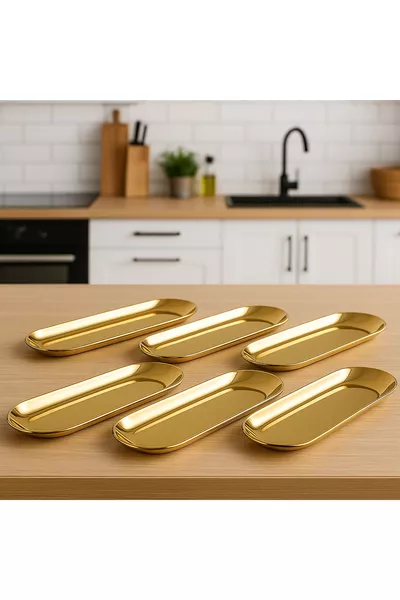 6'lı Büyük  Cm Kayık Oval Gold Paslanmaz Çelik Çerezlik Mezelik Sosluk Çelik Tabak