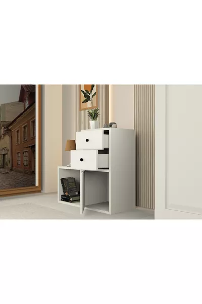 Table de chevet moderne blanche Archel 2 tiroirs avec une porte et étagère ouverte