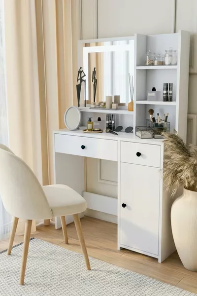 Coiffeuse Blanche avec Tiroirs, Étagère pour Accessoires et Bijoux, Miroir Spécial avec LED