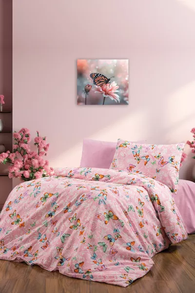 Parure de lit une personne avec drap-housse, papillons roses