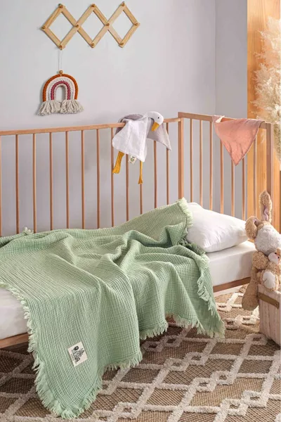 Couverture pour bébé et enfant en mousseline kaki à 4 couches avec pompons,  % coton *