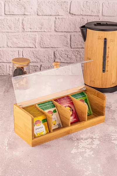 Bamboe theedoos met 4 vakken en deksel, opbergdoos voor kruidenthee