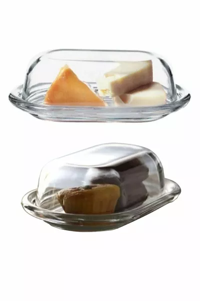 Комплект от 2 стъклени базови съдове с капак за масло и сирене за закуска, за съхранение и сервиране