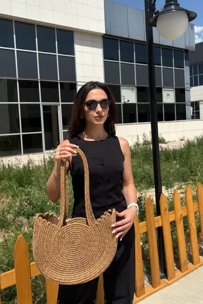 Sac à bandoulière élégant et raffiné pour la plage et la vie quotidienne, intérieur doublé, aspect en paille, modèle Cygne