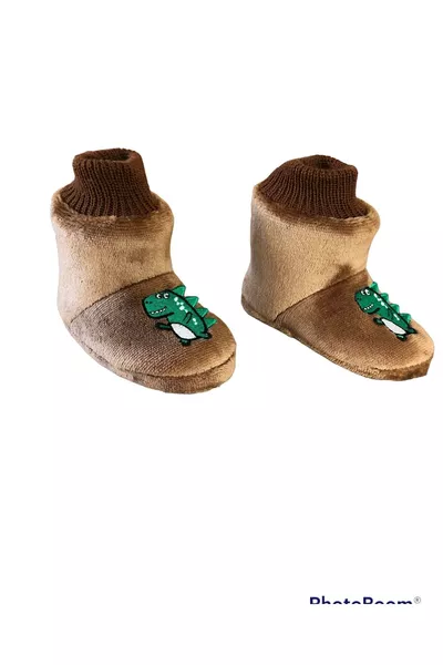 Dino Brown Turtleneck Boys' Slippers- Home Shoes- Non-Slip Sole
