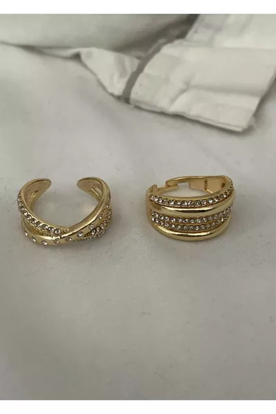 Gold Color Zircon Stone Cross and Plain Ring Pair