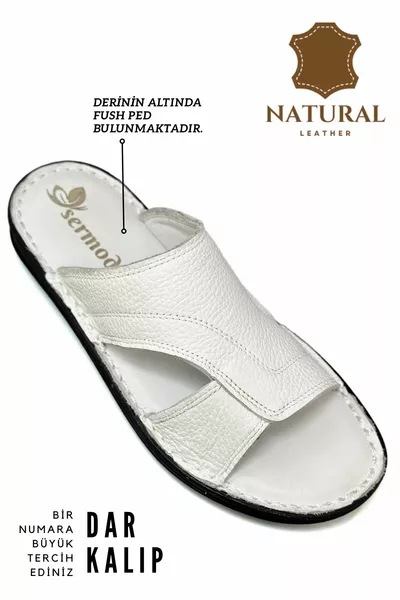 نعال رجالي من الجلد الطبيعي خفيف باللون الأبيض